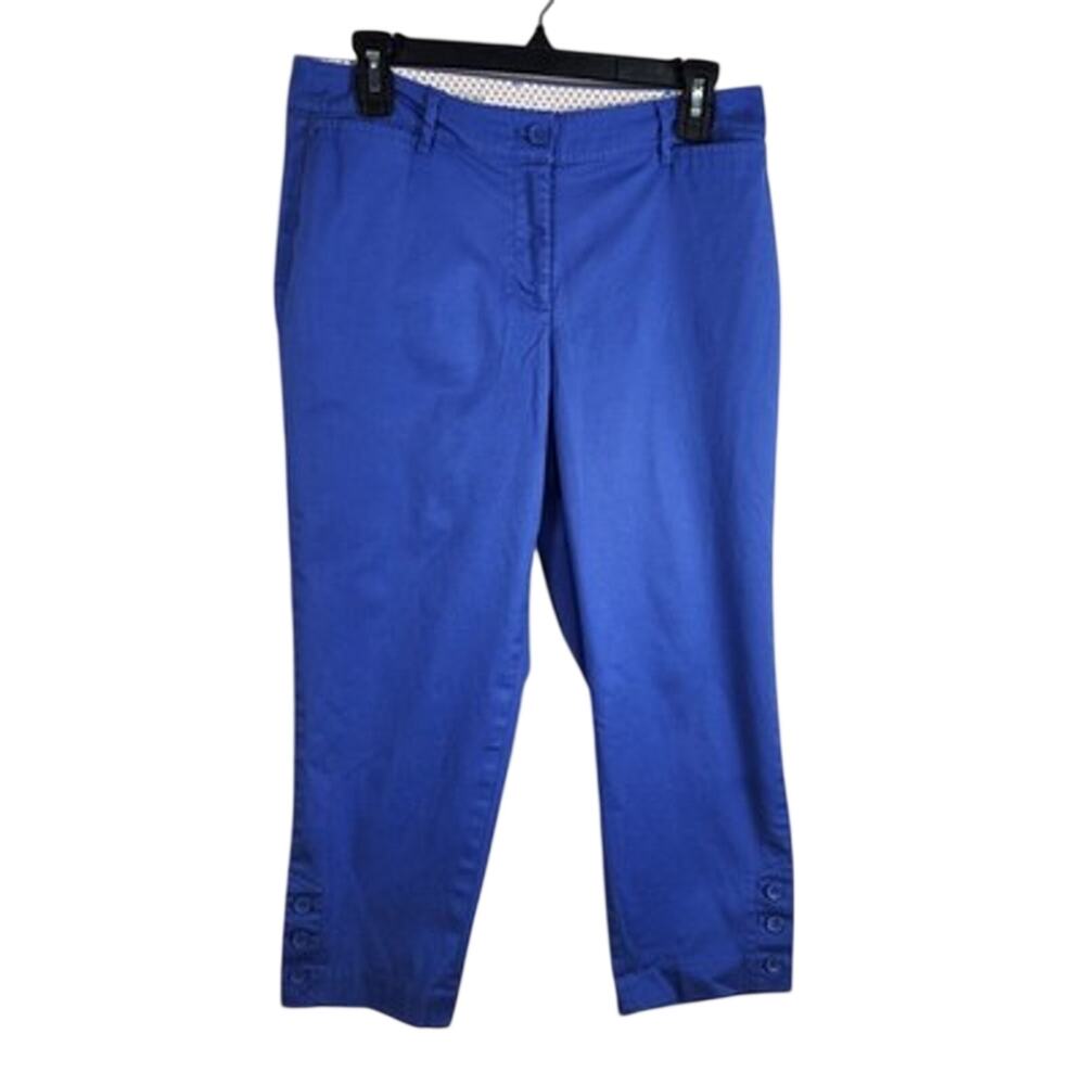 Talbots Perfect Crop Curvy Pant Size 8P Blue Stretch Button Hem Detail Pockets